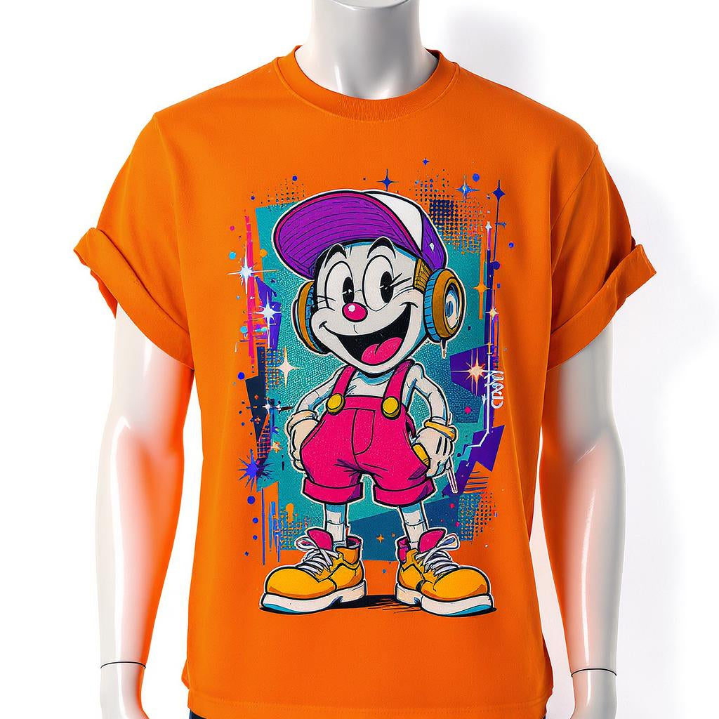 Vibrant custom DTF printed cartoon design on orange t-shirt, showcasing NeoInk’s quality and precision in apparel printing