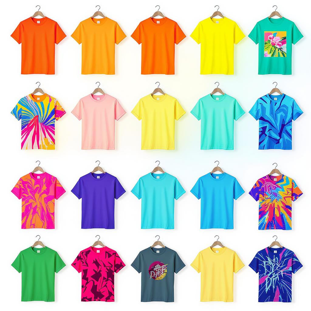 Colorful display of custom printed t-shirts in various designs and colors, showcasing NeoInk’s DTF transfer flexibility for all apparel types