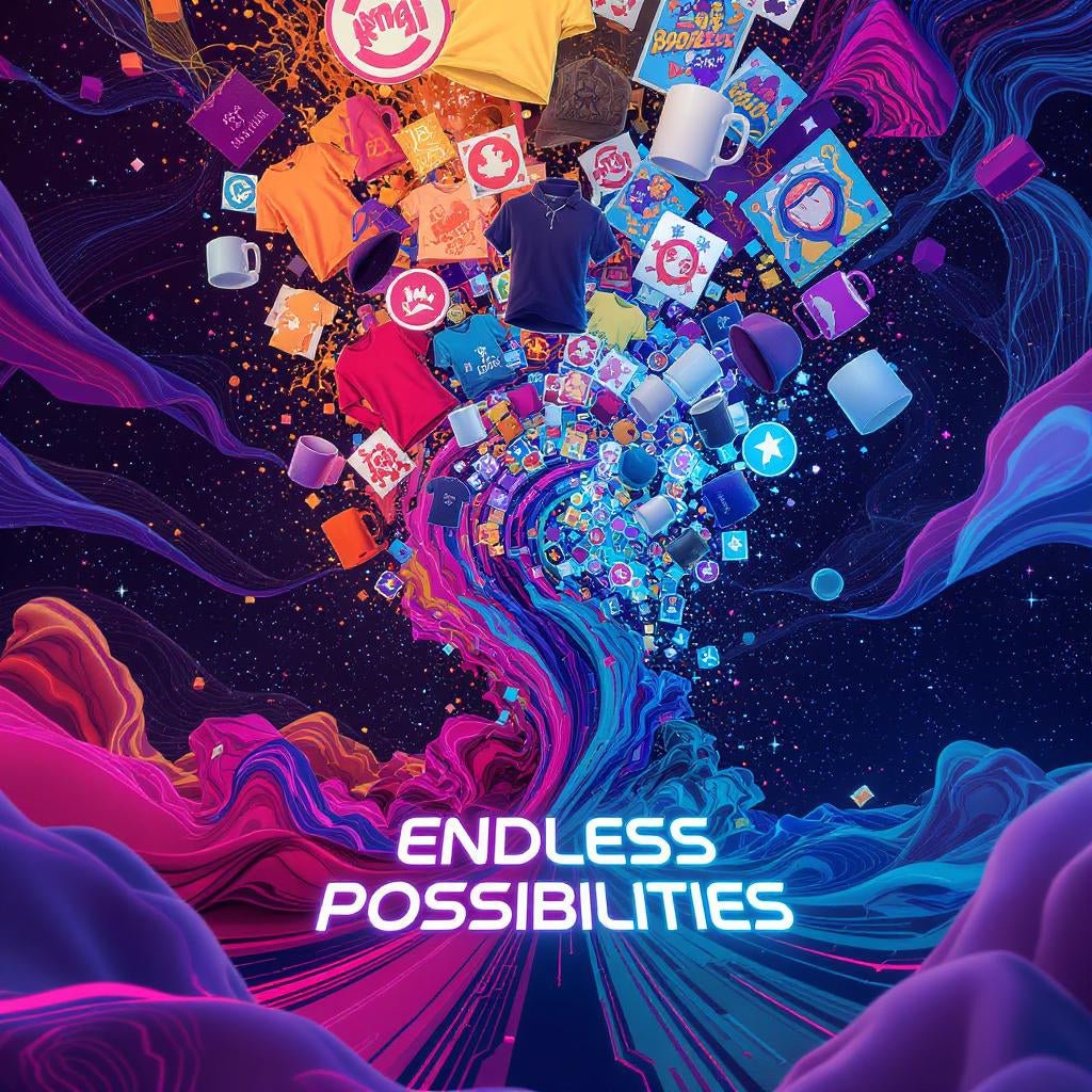 Colorful swirl of custom DTF products including t-shirts, mugs, and apparel, representing NeoInk’s endless printing possibilities with bold colors and fine details
