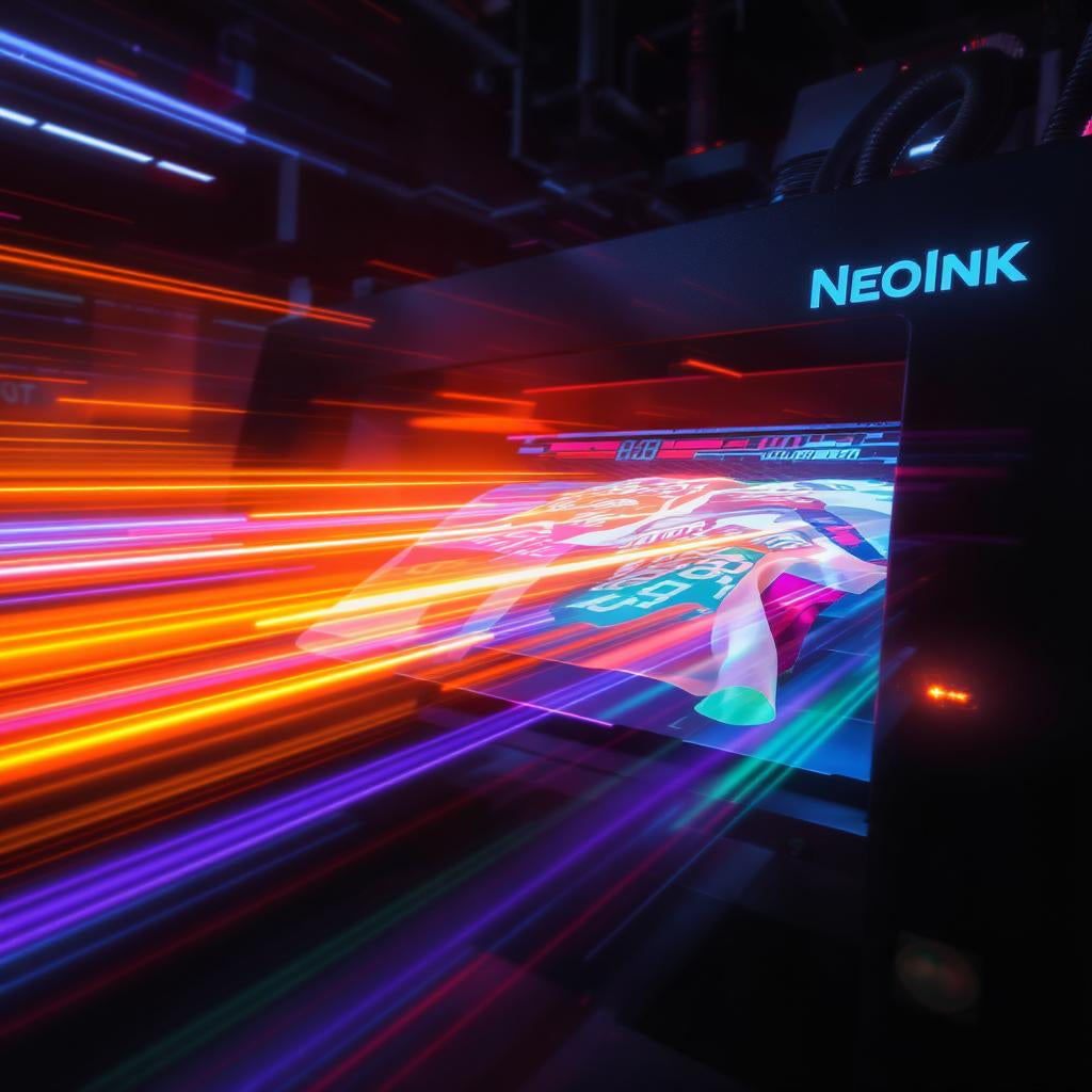 High-speed DTF printer in action with motion blur, highlighting NeoInk’s fast and efficient custom transfer service