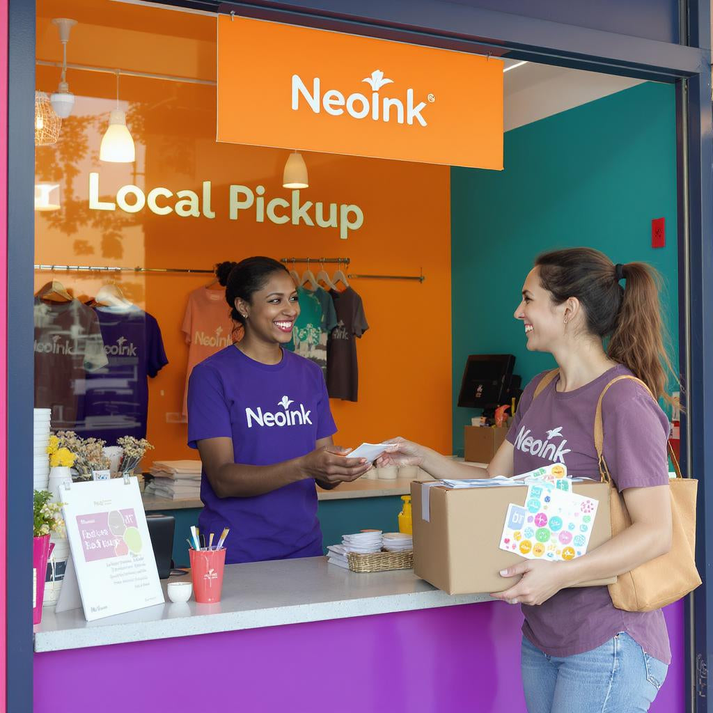 NeoInk team member handing an order to a customer at the local pickup counter, highlighting fast and convenient pickup service in Canada