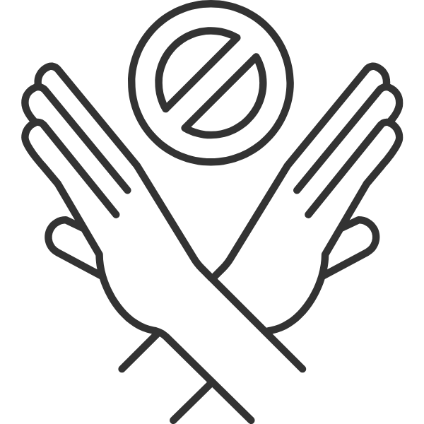 Icon showing crossed hands and no symbol, representing no minimum order limits at NeoInk for custom DTF printing