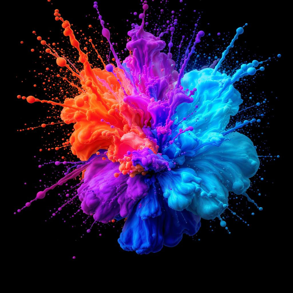 Explosive splash of orange, purple, and blue ink representing NeoInk’s vibrant color contrast in DTF transfers for bold, eye-catching designs