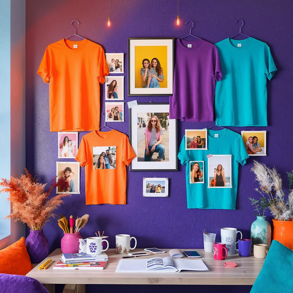 Colorful t-shirts with custom DTF transfers displayed on a purple wall, highlighting NeoInk’s crack-free vibrant prints for cotton, polyester, and blends