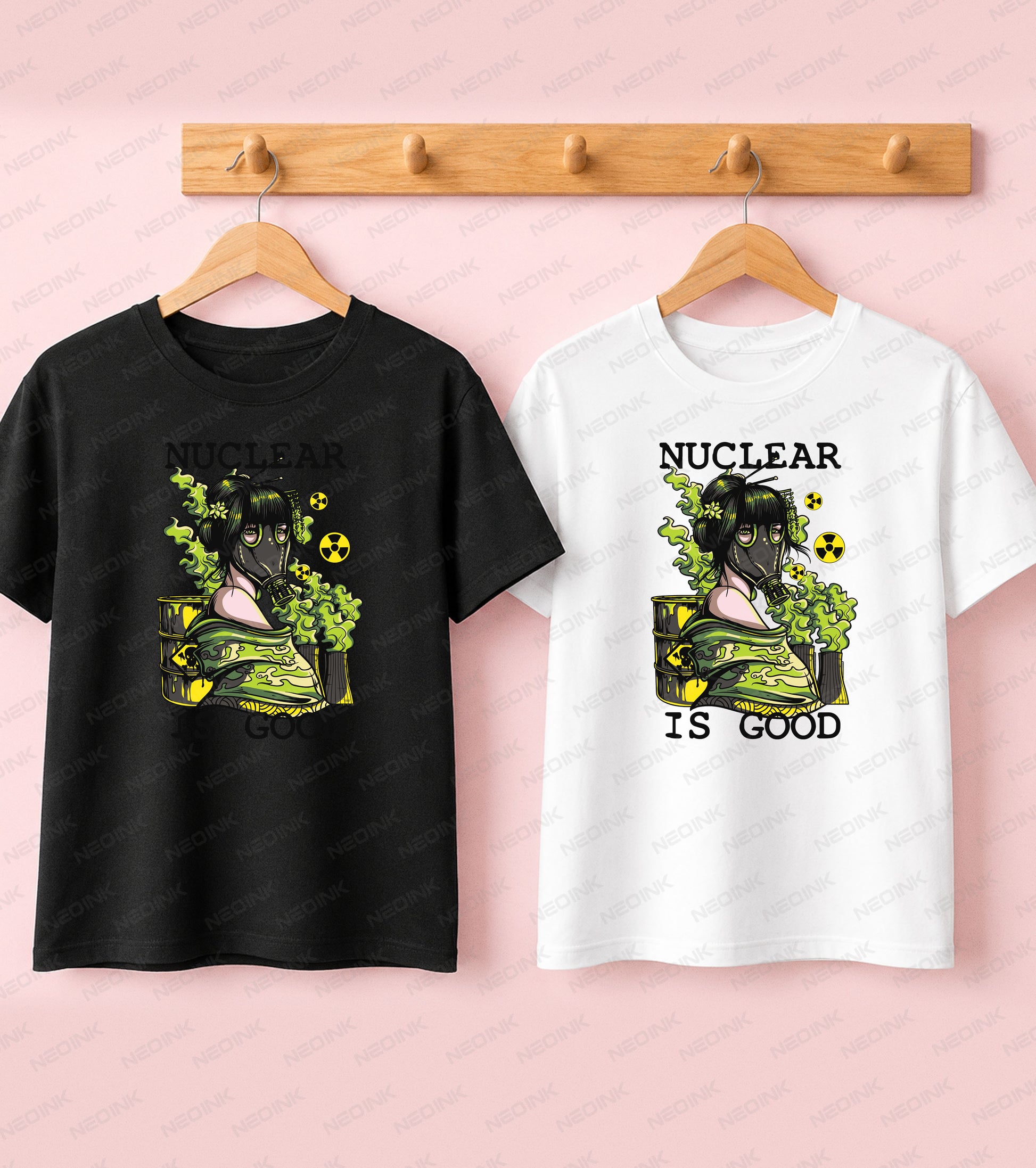 Post-apocalyptic girl in a gas mask surrounded by toxic green smoke, available as versatile DTF transfers ready to print on any color apparel.