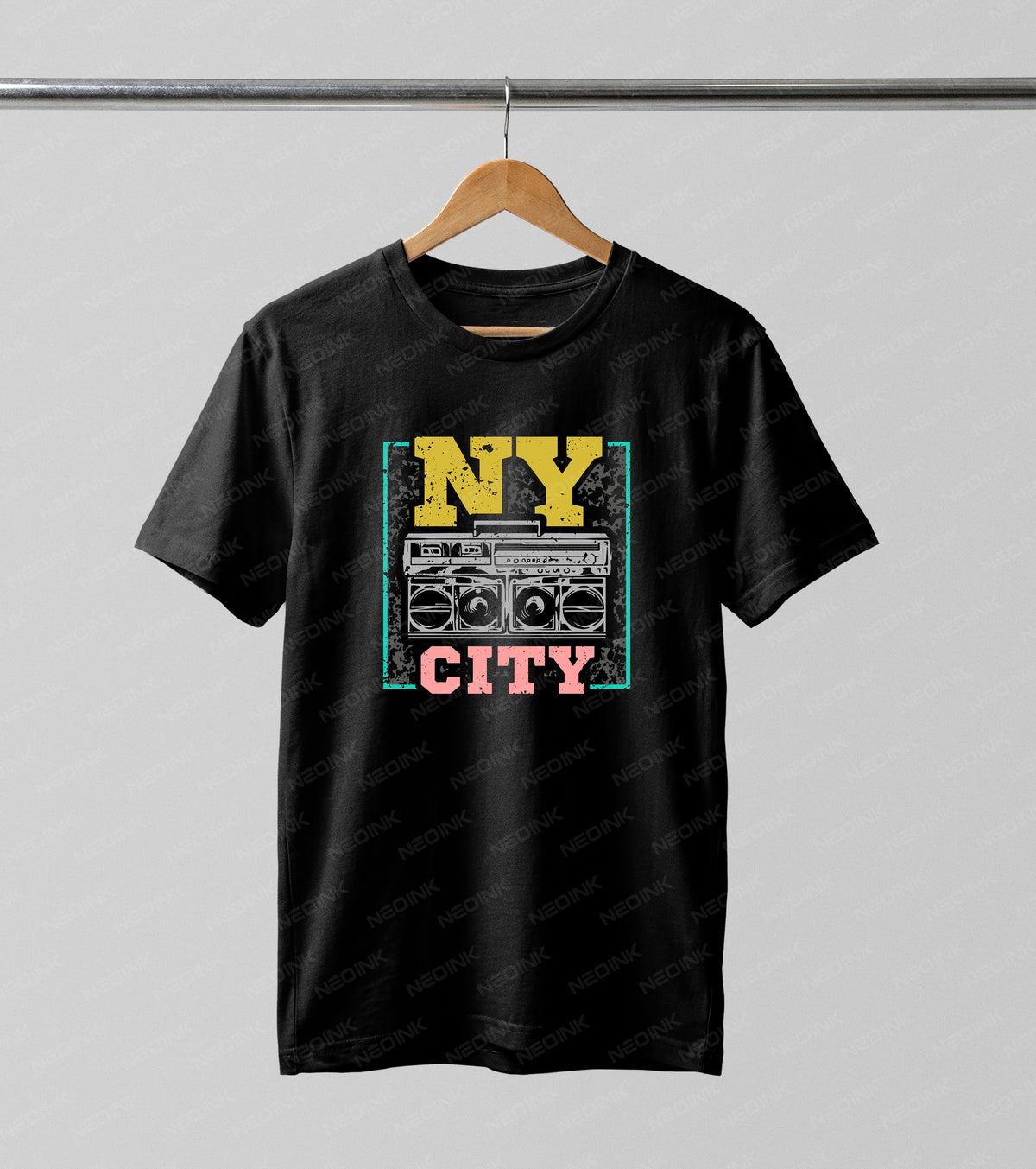 Classic silver 80s boombox with bold NY CITY typography, beautifully detailed on DTF transfers ready to print for nostalgic hip-hop wear.