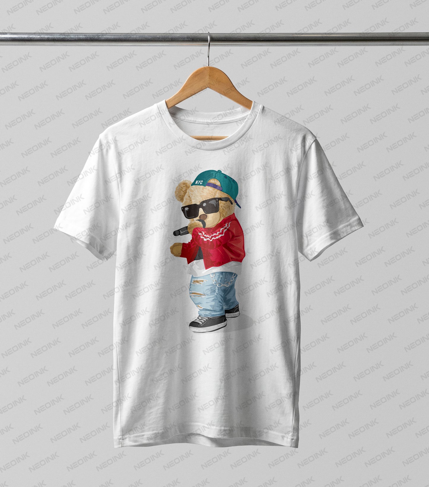 Urban teddy bear wearing a blue NYC cap and red track jacket holding a microphone, designed as vibrant DTF transfers ready to print for music fans.
