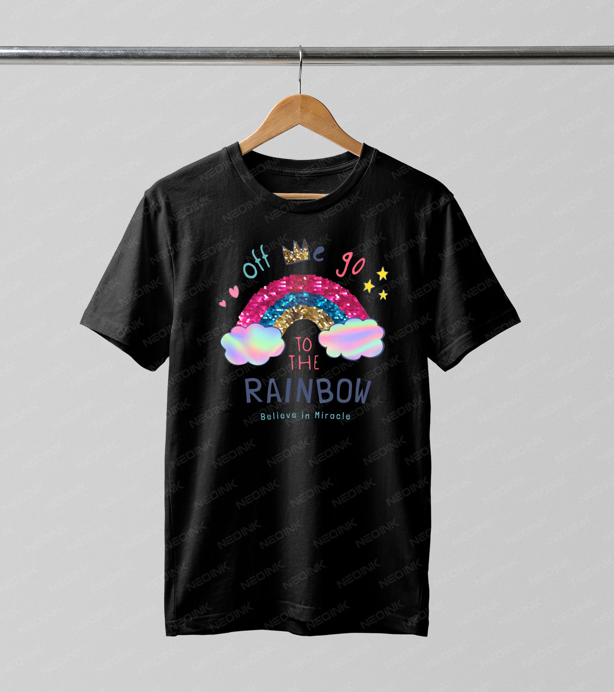 Magical faux sequin rainbow with a gold crown and inspiring quote, supplied as vibrant DTF transfers ready to print for cute kids' clothing.