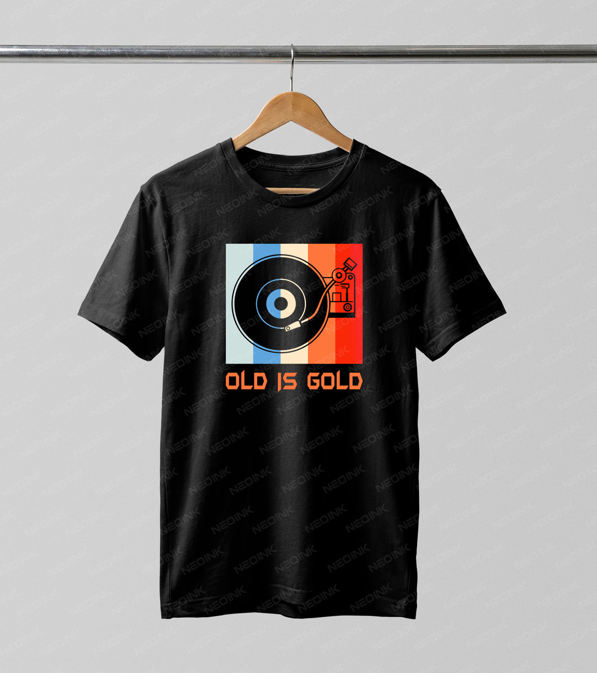 Vintage vinyl record turntable against a retro striped background, provided as high-quality DTF transfers that arrive completely ready to print on black shirts.
