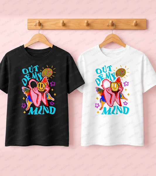 T-shirt displaying a trippy streetwear graphic with Out Of My Mind text, a yellow smiley face, butterfly wings, and a psychedelic spiral sun, perfect for versatile Good Vibes apparel.
