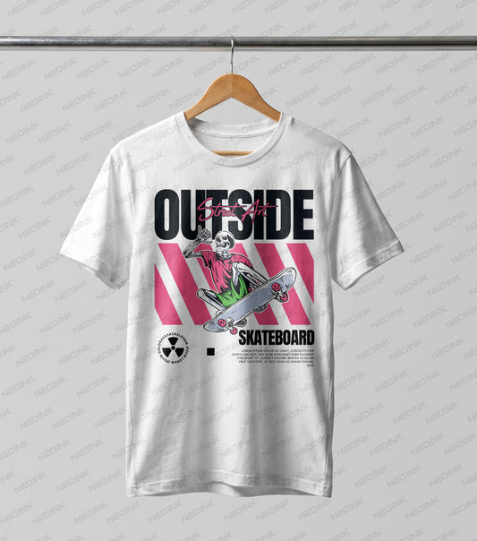 Radical skeleton performing a skateboard trick over a pink striped background, utilizing premium DTF transfers ready to print for authentic skate style.