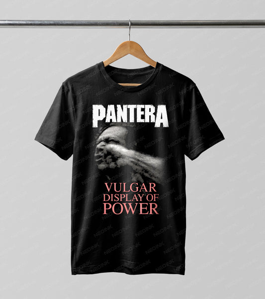 Pantera Vulgar Display of Power Halftone DTF transfer. Featuring the iconic punch graphic in a striking black, white, and red colorway, this design uses a classic Halftone dot pattern for an authentic vintage band tee look.
