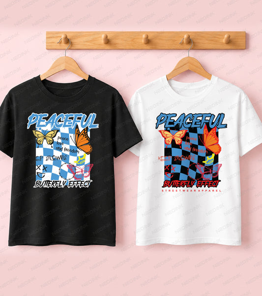 Black t-shirt featuring a blue and white checkerboard, orange butterflies, and graffiti accents in a retro Good Vibes graphic.