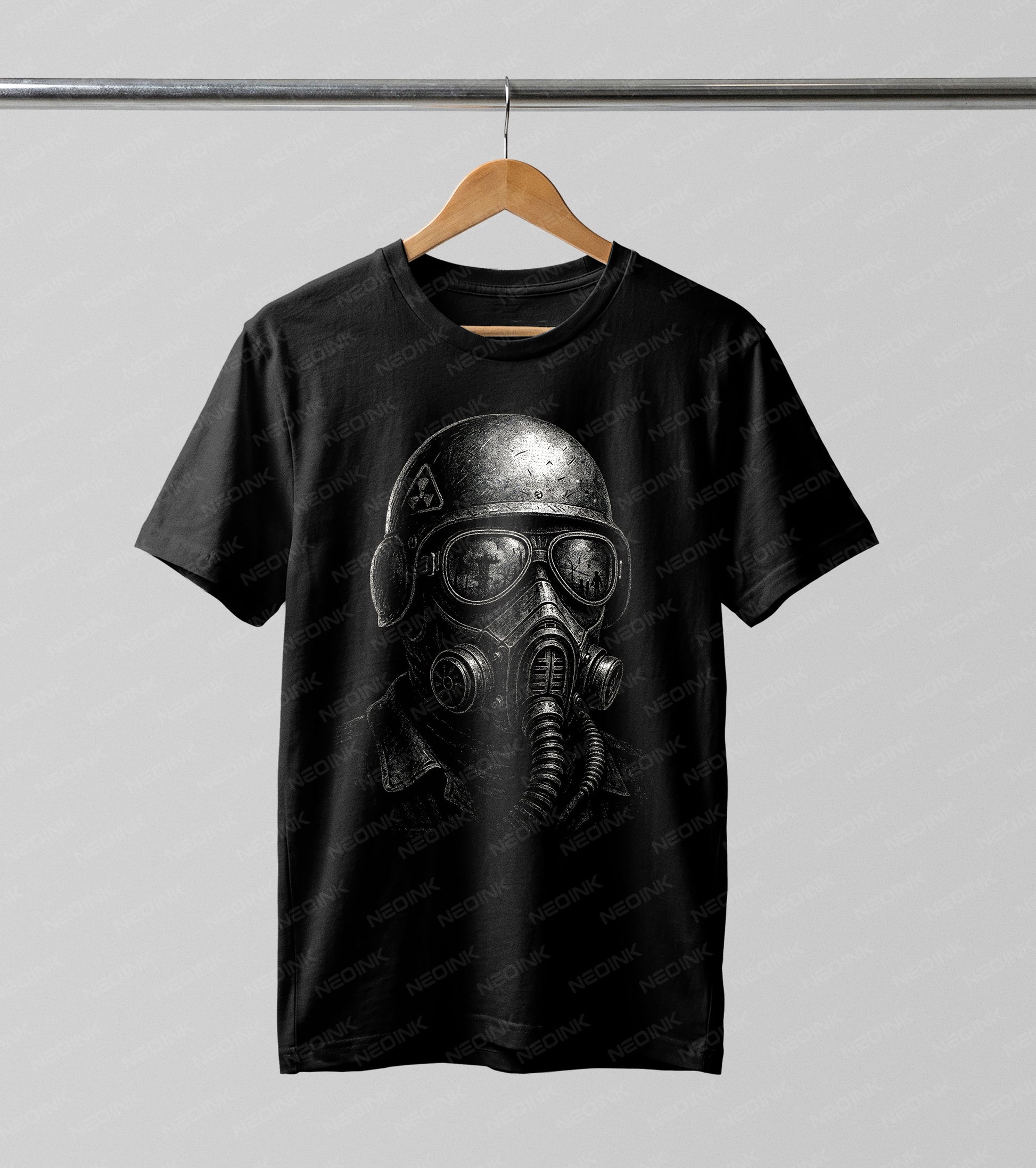 post-apocalyptic gas mask soldier Halftone DTF transfer. Featuring a dark, monochromatic soldier wearing a radiation helmet and gas mask with wasteland reflections in the lenses, this design is masterfully rendered in a gritty Halftone style.