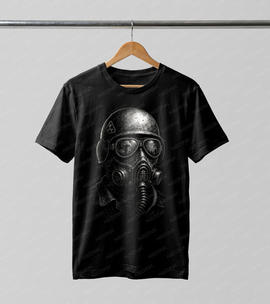post-apocalyptic gas mask soldier Halftone DTF transfer. Featuring a dark, monochromatic soldier wearing a radiation helmet and gas mask with wasteland reflections in the lenses, this design is masterfully rendered in a gritty Halftone style.