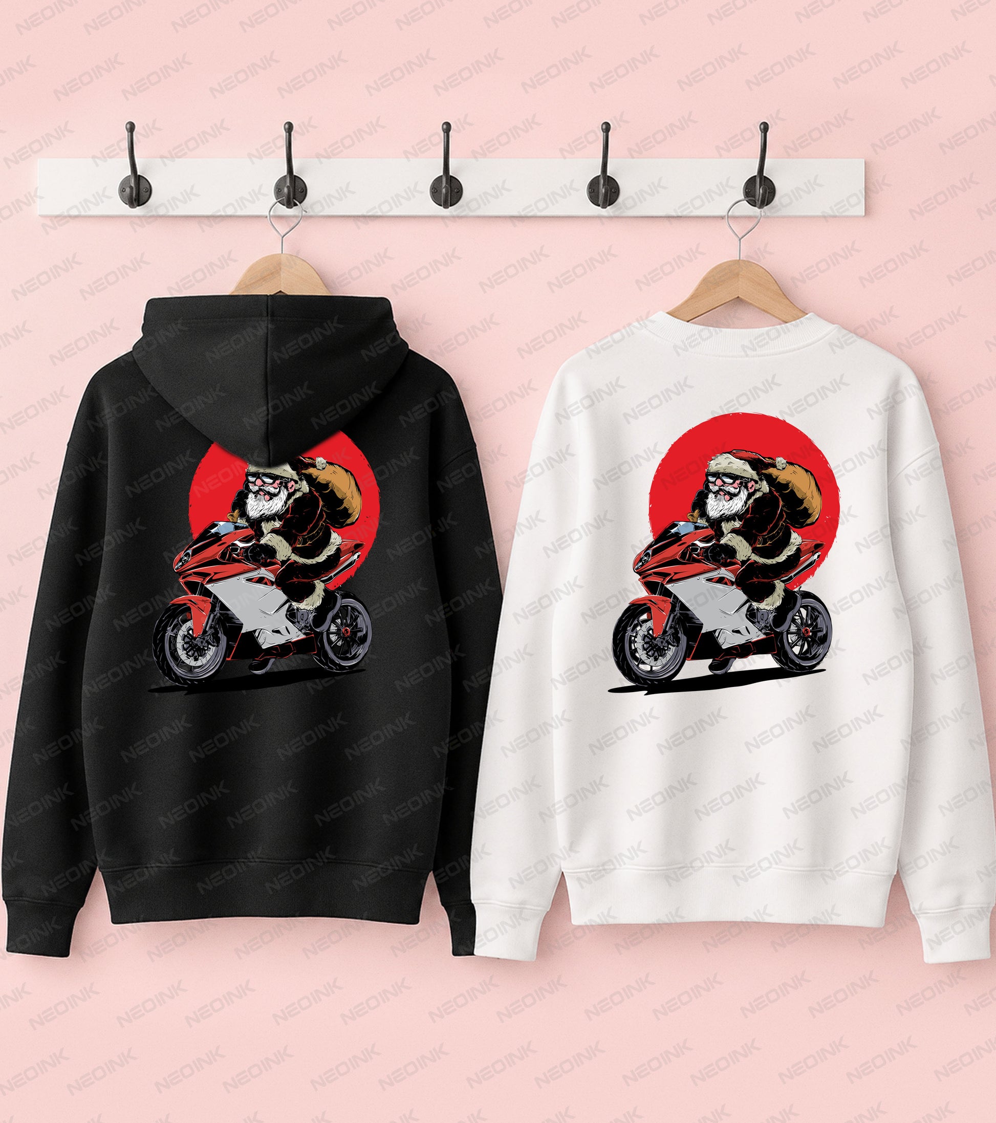 Ready-to-print Biker Santa Claus Christmas DTF transfer featuring Santa riding a red motorcycle with a bold red sun backdrop.