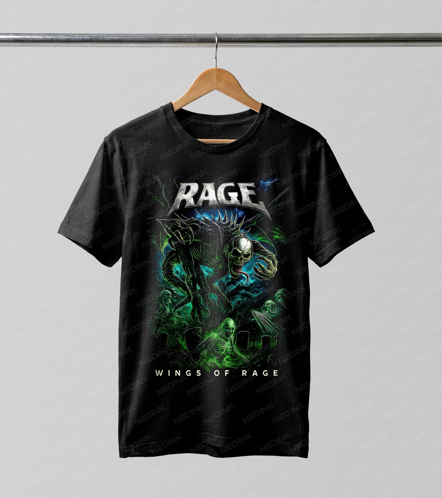 Rage Wings of Rage monster Halftone DTF transfer. Featuring a terrifying green winged creature looming over a graveyard in a gritty Halftone style, this design is perfect for metalheads and horror fans.