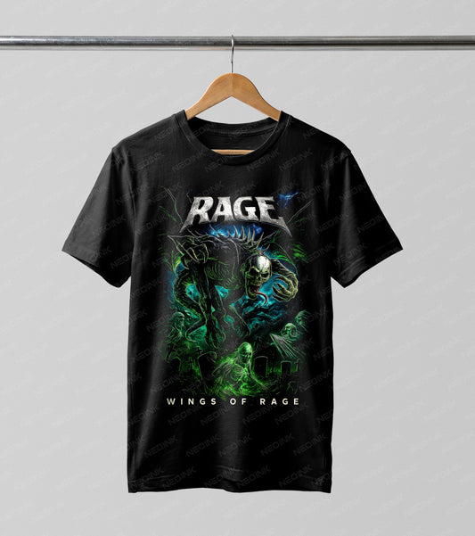 Rage Wings of Rage monster Halftone DTF transfer. Featuring a terrifying green winged creature looming over a graveyard in a gritty Halftone style, this design is perfect for metalheads and horror fans.