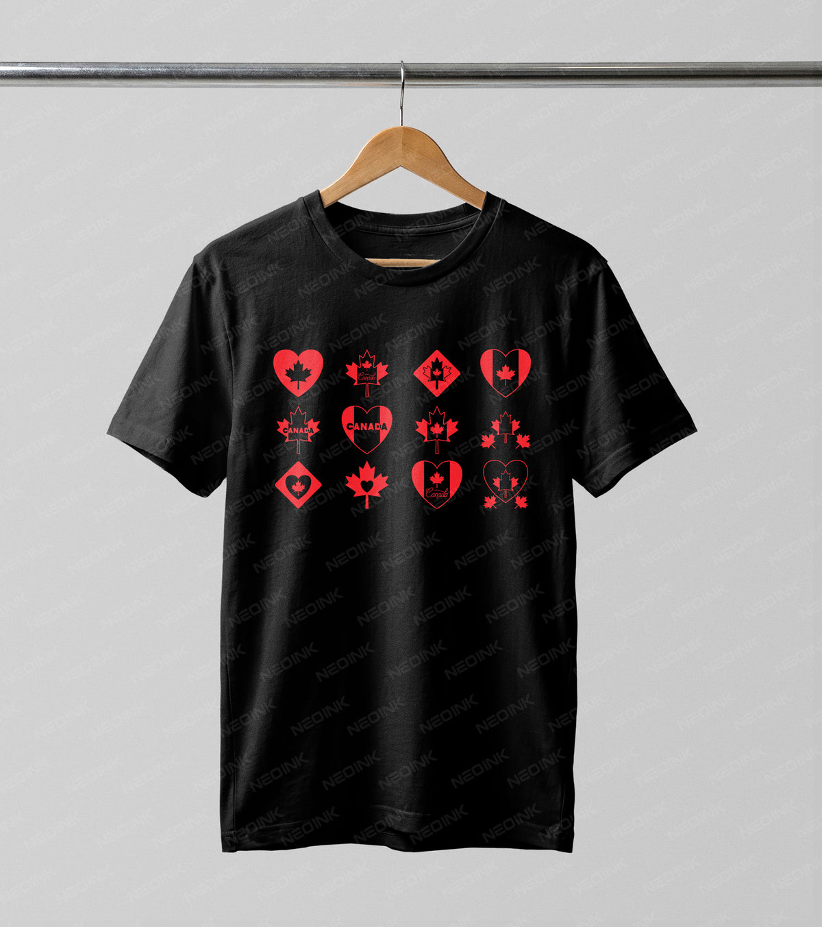 Stylish grid pattern of red Canadian maple leaves and hearts, provided as high-quality DTF transfers that arrive completely ready to print.