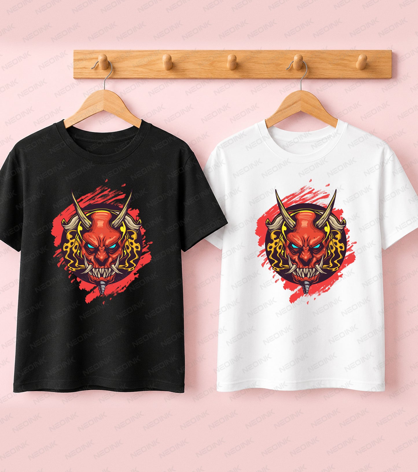Japanese folklore red Hannya demon mask with glowing blue eyes, beautifully detailed on DTF transfers ready to print for unique urban wear.