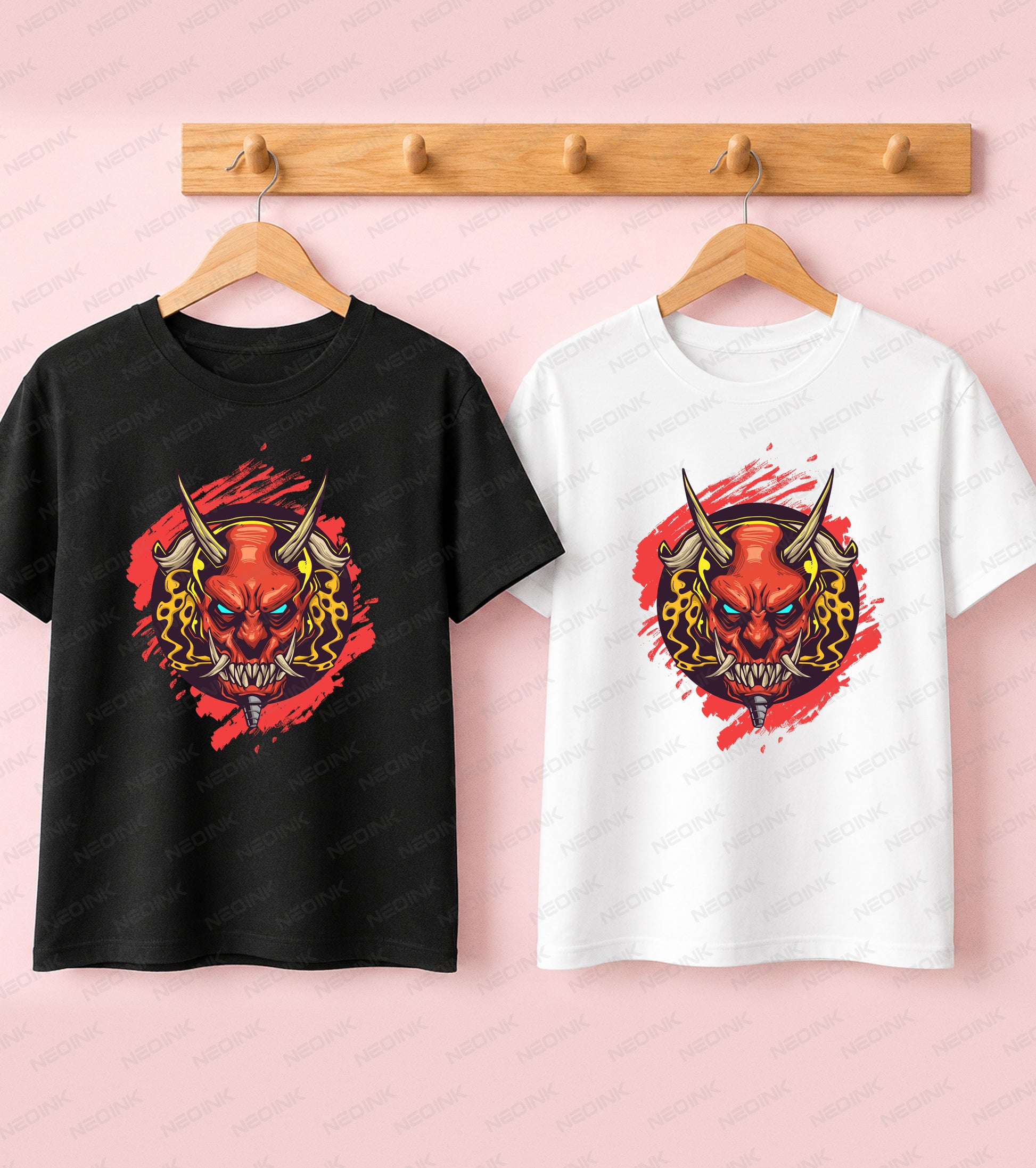 Japanese folklore red Hannya demon mask with glowing blue eyes, beautifully detailed on DTF transfers ready to print for unique urban wear.