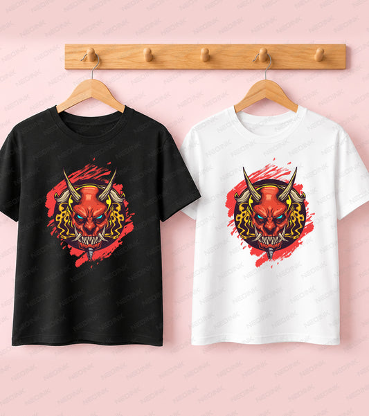 Japanese folklore red Hannya demon mask with glowing blue eyes, beautifully detailed on DTF transfers ready to print for unique urban wear.