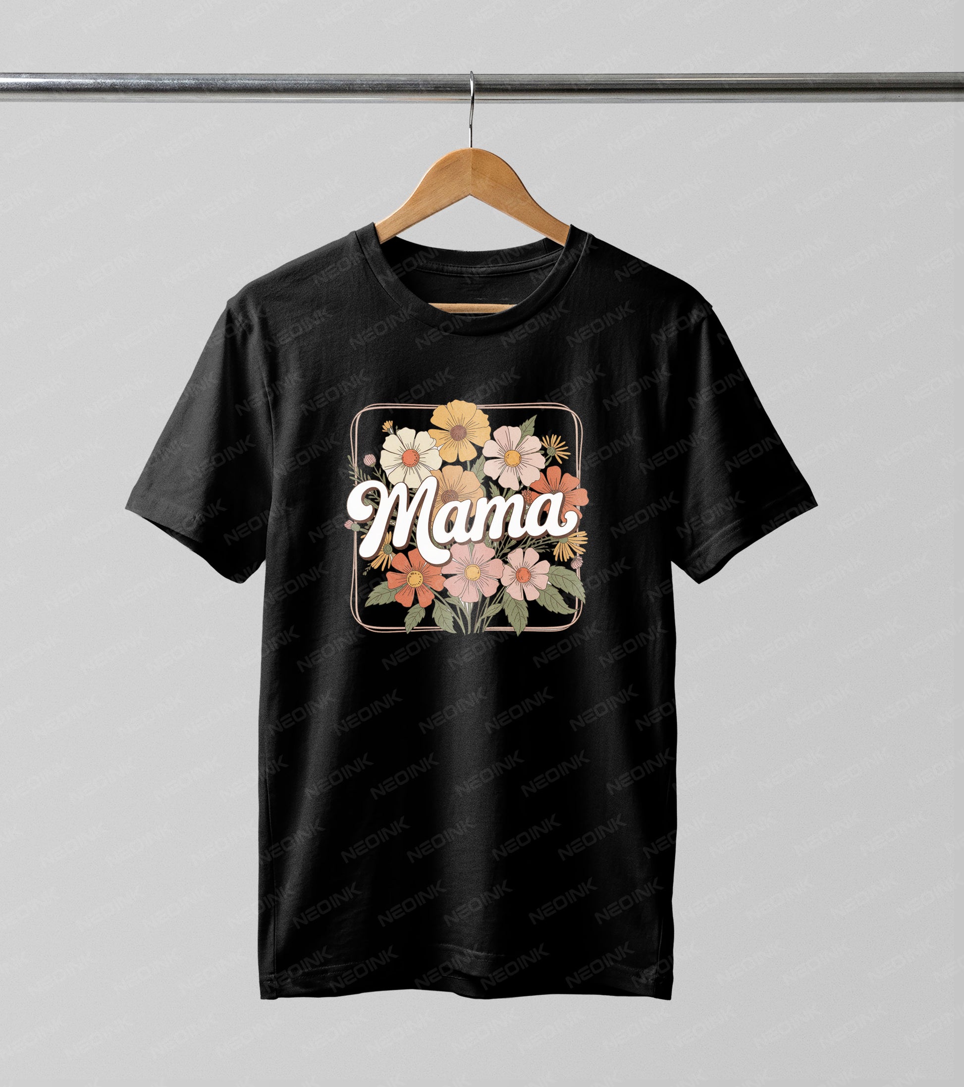 Earthy boho wildflowers framing an elegant cursive "Mama" text, beautifully detailed on ready to print DTF transfers for vintage aesthetic sweaters.