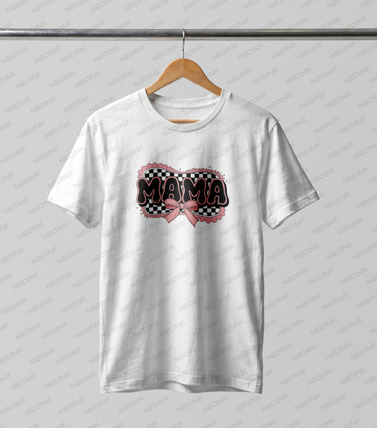 Trendy coquette checkerboard MAMA design featuring a sweet pink bow, easily applied using DTF transfers ready to print for modern boutique tops.