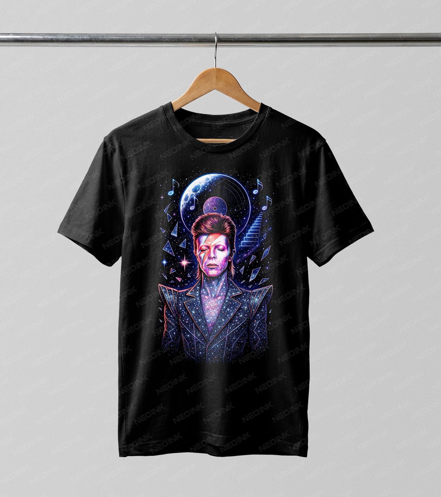 Starman Halftone DTF transfer. Featuring a legendary glam rock icon floating among stars, planets, and vinyl records, this vibrant design uses a colorful Halftone effect to create a nostalgic, 70s-inspired masterpiece.