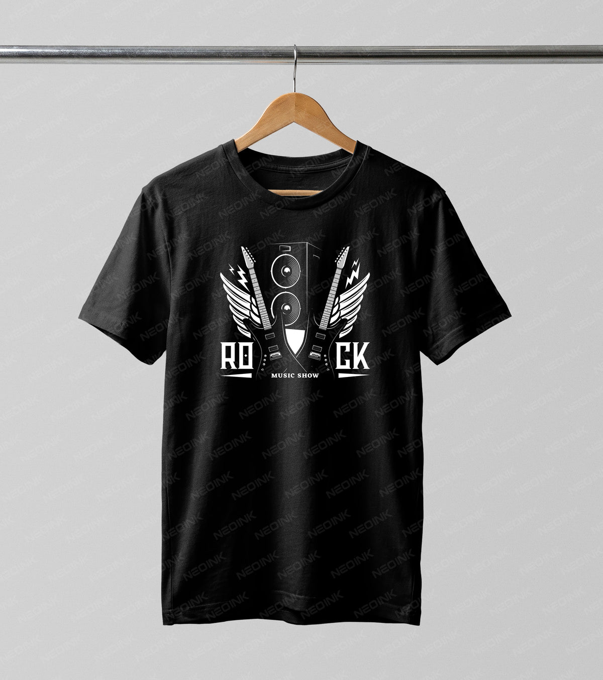 Edgy white-ink crossed electric guitars with angel wings and speaker stack, offered as striking DTF transfers ready to print for rock band apparel.