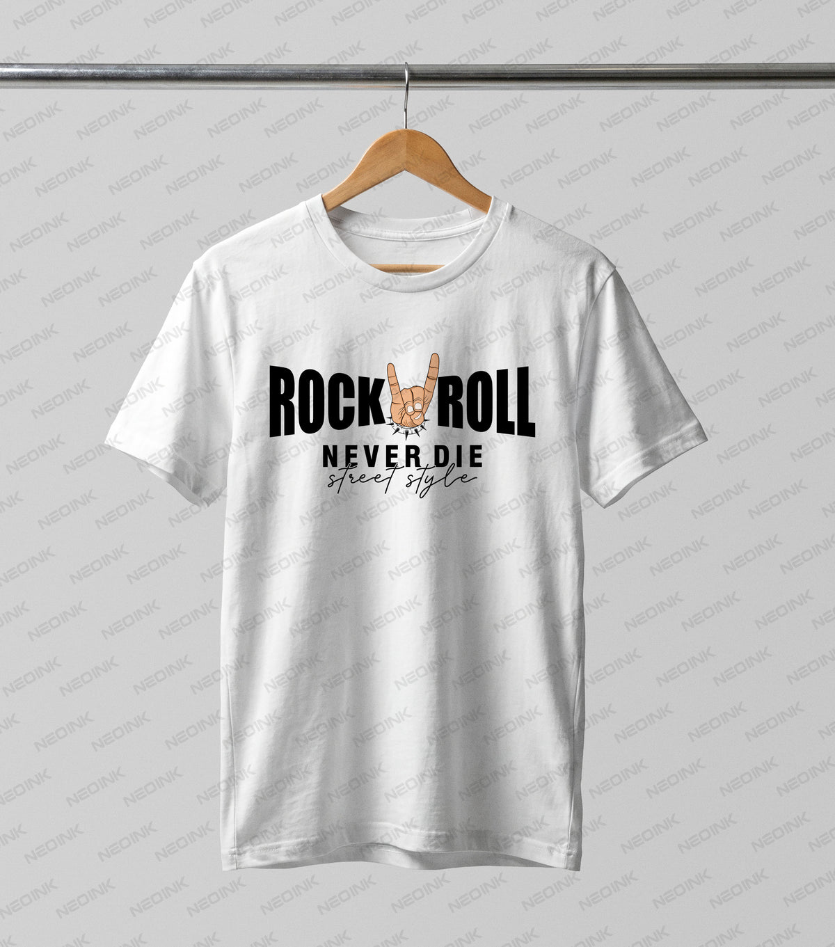 Edgy Rock N Roll Never Die typography with a spiked bracelet rock hand, available as high-contrast DTF transfers ready to print for concert merch.