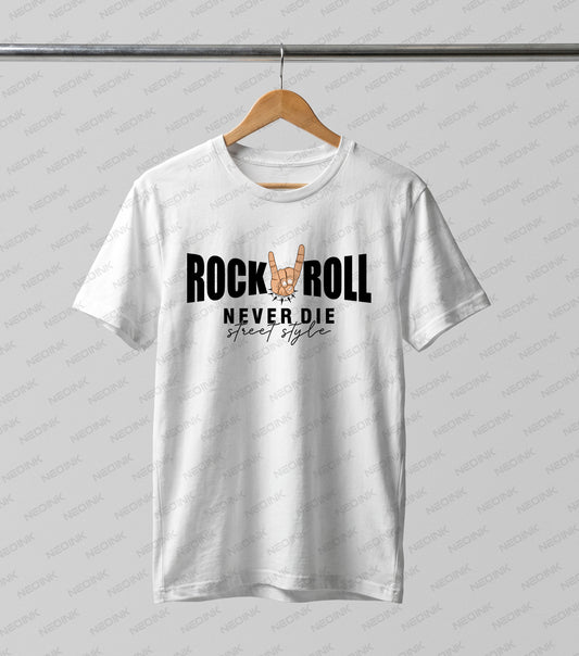 Edgy Rock N Roll Never Die typography with a spiked bracelet rock hand, available as high-contrast DTF transfers ready to print for concert merch.