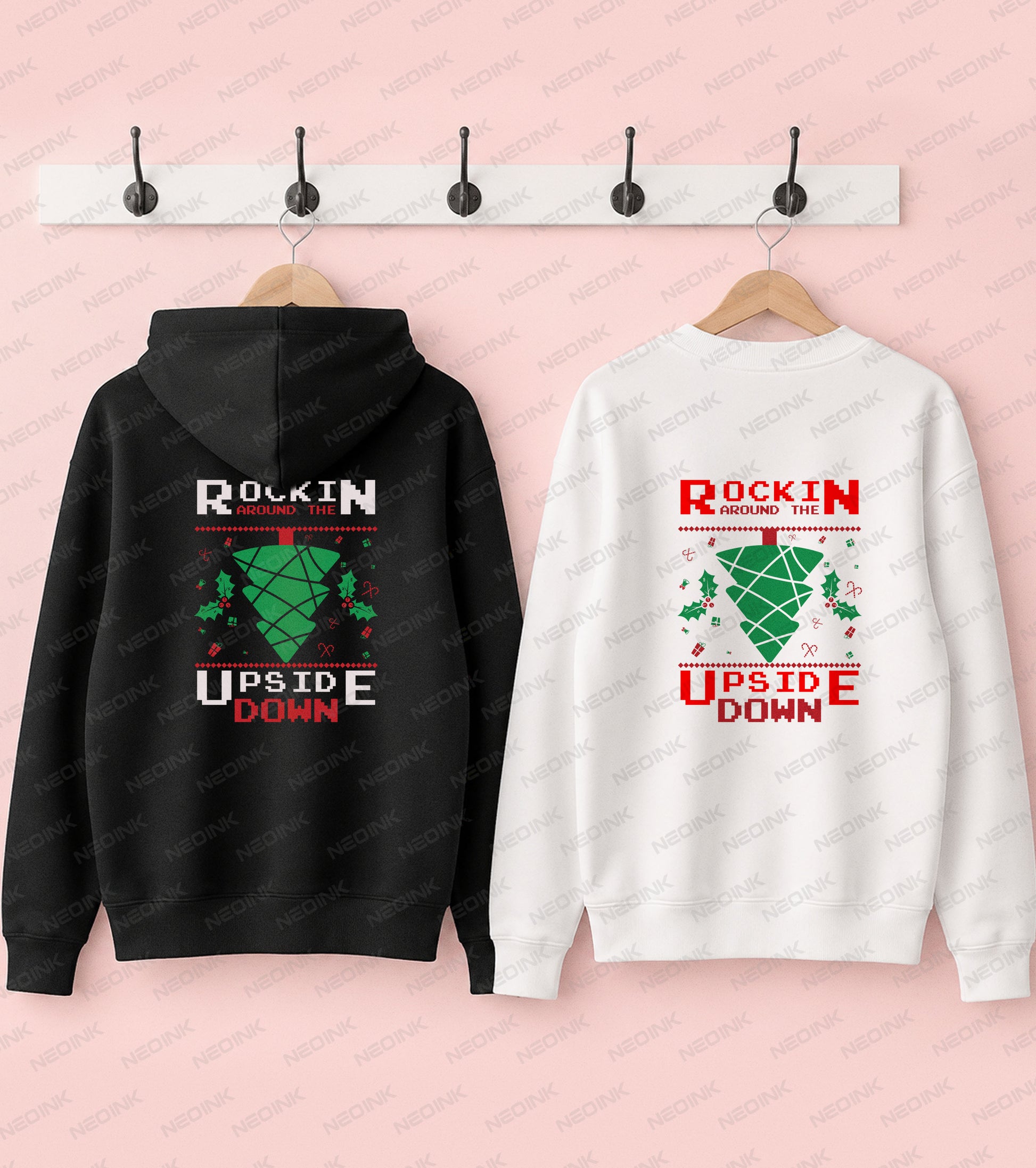Retro Rockin Around the Upside Down Christmas design with an upside-down tree and ugly sweater styling, ready to print with DTF transfers.