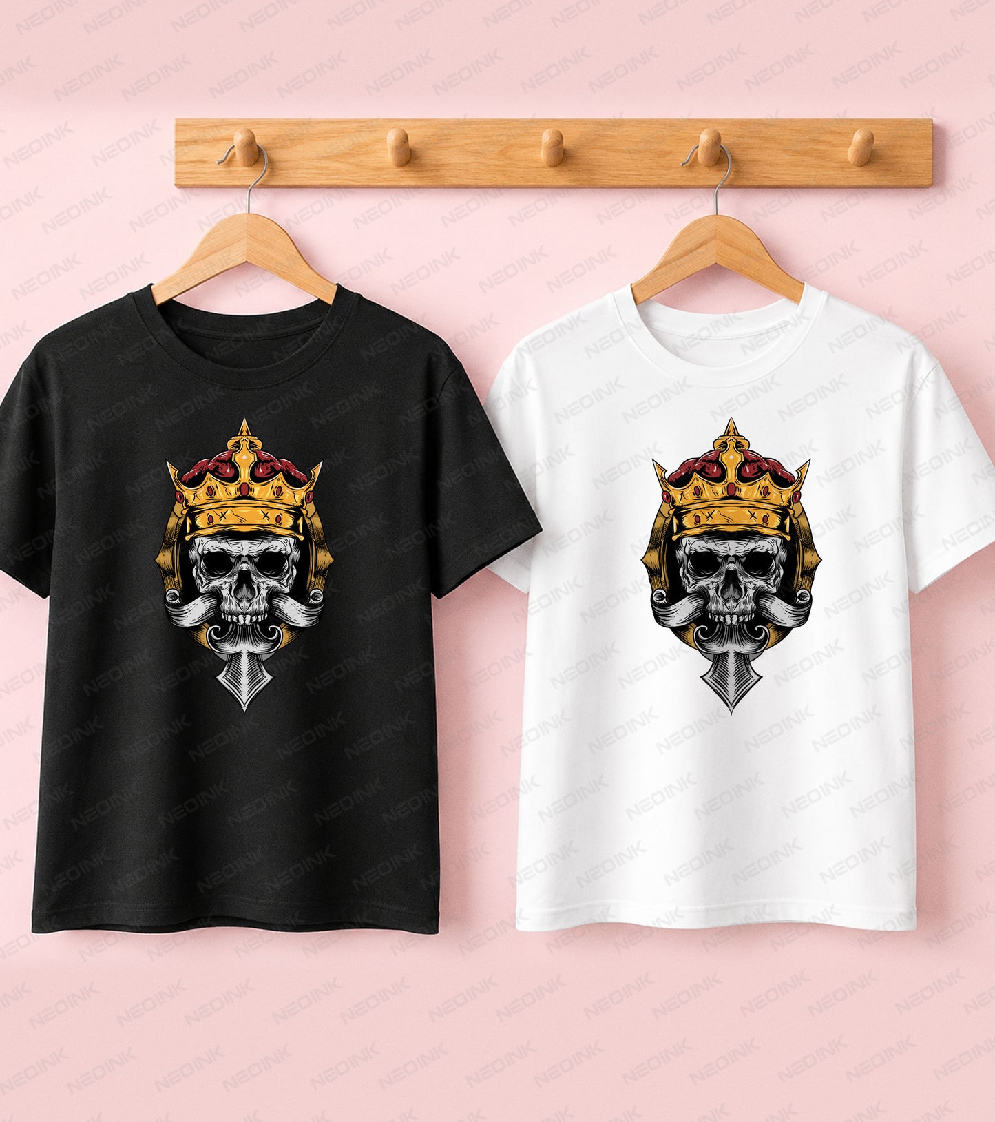 Regal skull wearing a gold crown with an ornate mustache and dagger, offered as versatile DTF transfers ready to print on all your favorite garments.