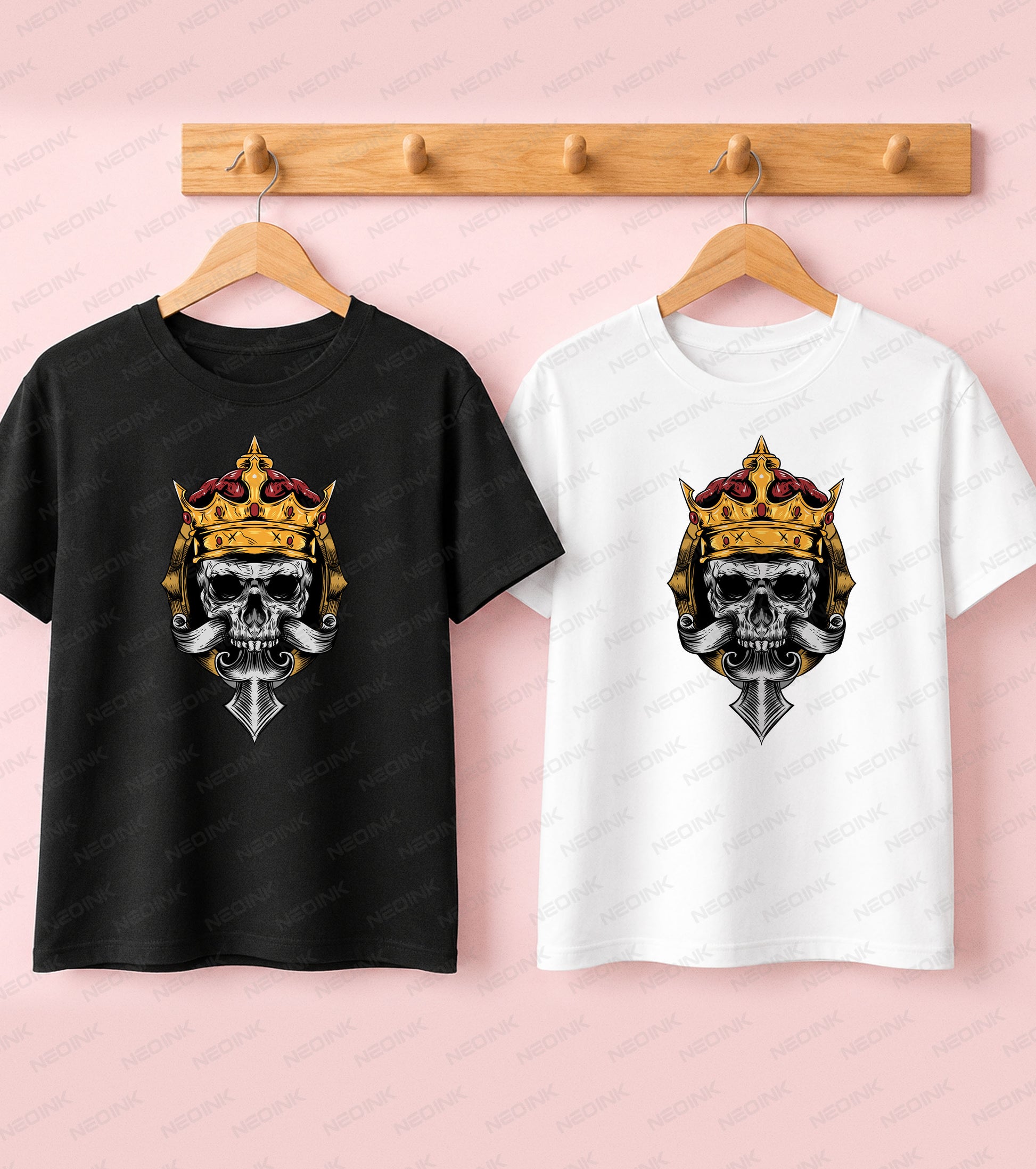 Regal skull wearing a gold crown with an ornate mustache and dagger, offered as versatile DTF transfers ready to print on all your favorite garments.
