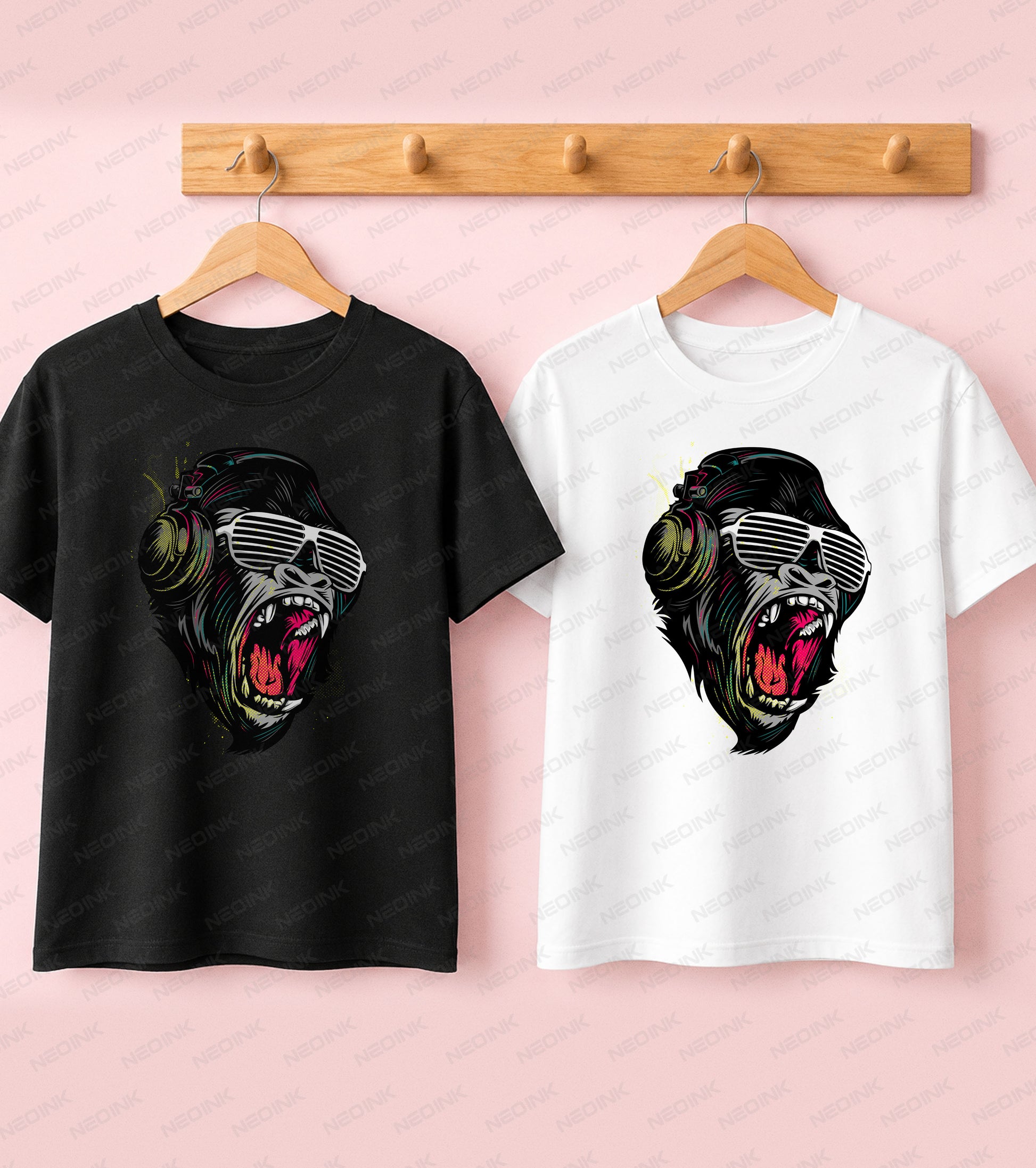 Aggressive roaring gorilla wearing headphones and neon retro shades, easily applied using vivid DTF transfers ready to print on light or dark shirts.