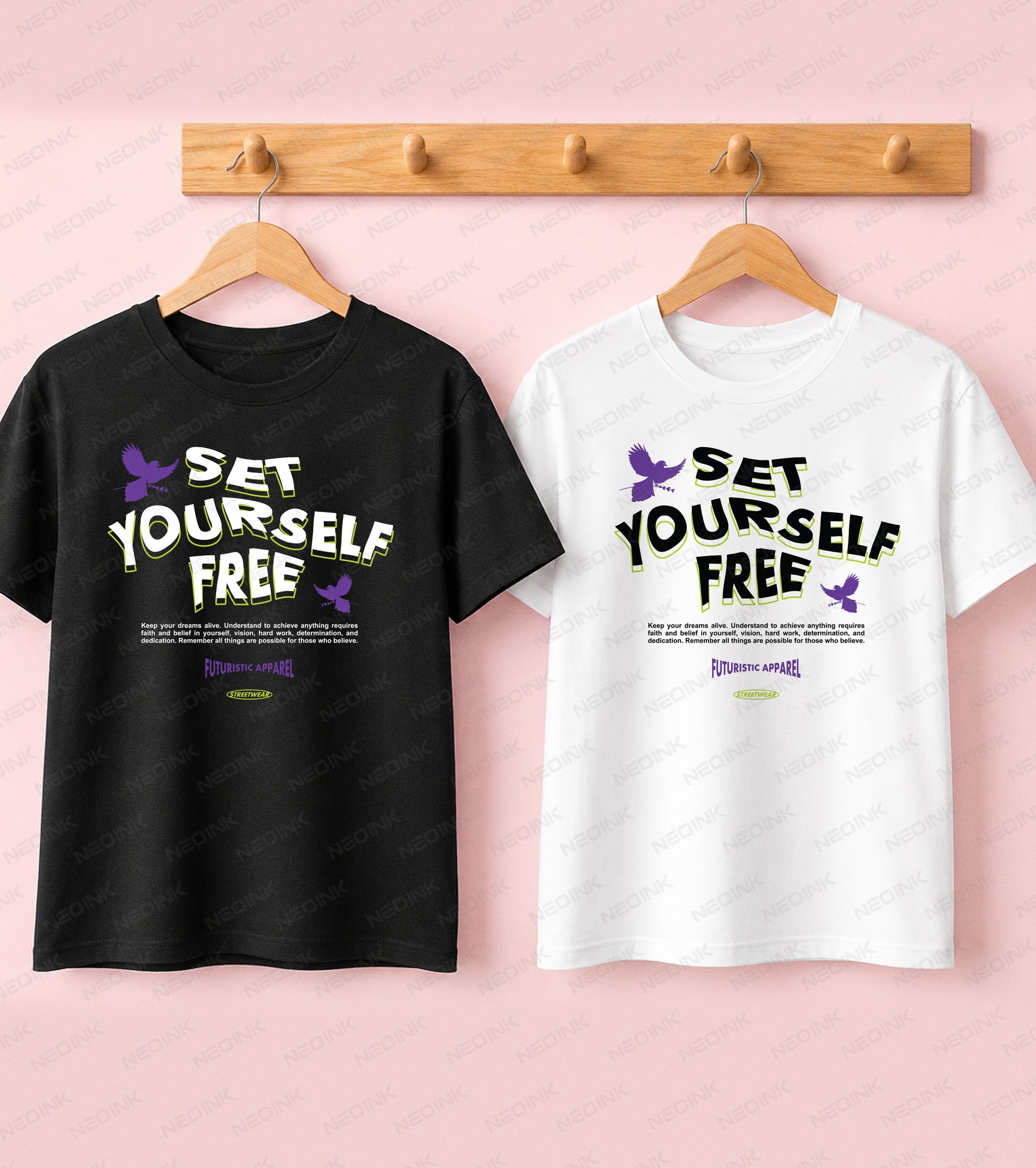 Black t-shirt featuring Set Yourself Free typography and flying purple doves for a motivational Good Vibes streetwear design.
