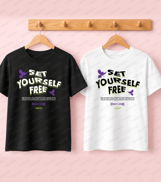 Black t-shirt featuring Set Yourself Free typography and flying purple doves for a motivational Good Vibes streetwear design.
