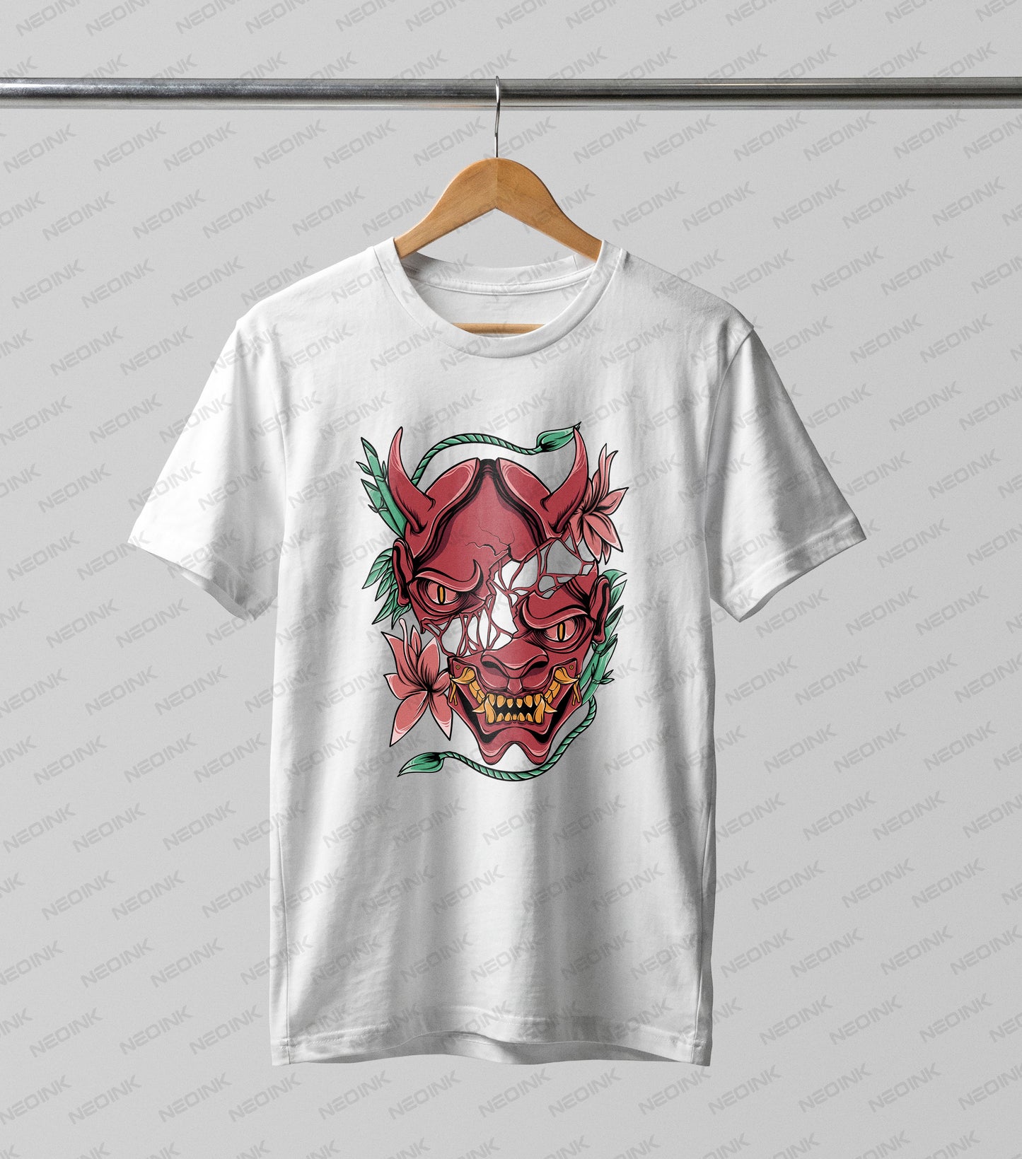 striking shattered Oni mask DTF transfer. Designed for light-colored garments, this illustration features a fierce red demon mask with cracked web-like details, beautifully contrasted by delicate pink flowers and green vines.