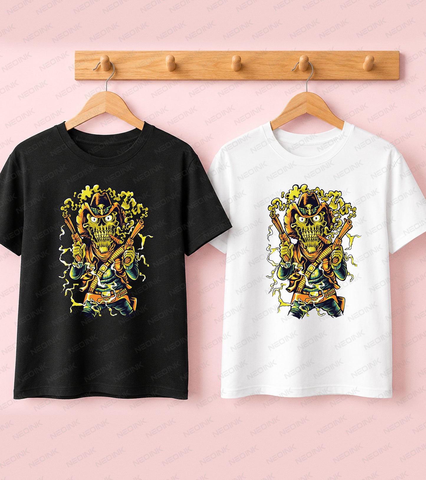 Undead outlaw skeleton firing dual revolvers surrounded by yellow smoke, making these badass DTF transfers ready to print for edgy western apparel.