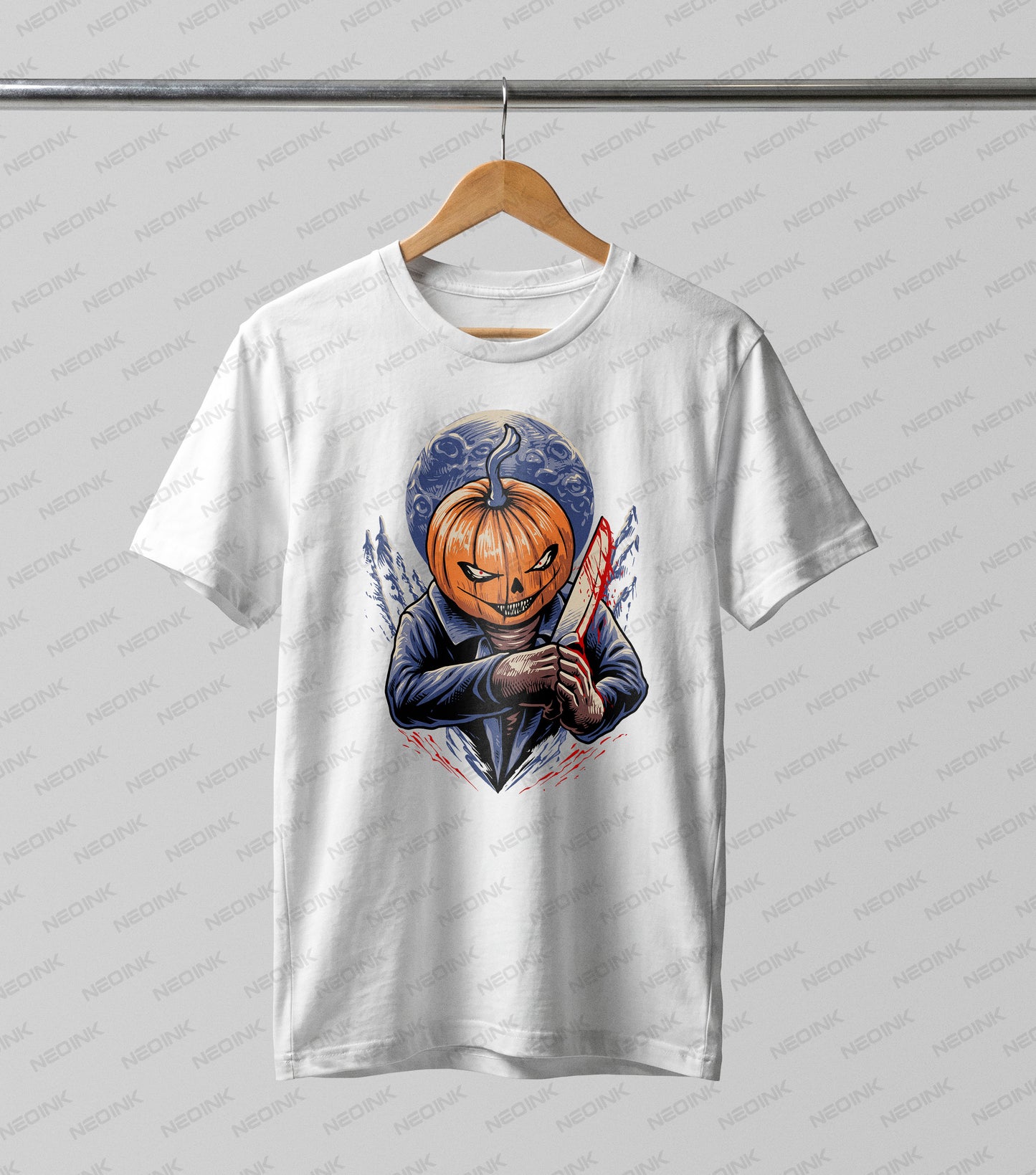 menacing jack-o'-lantern figure wielding a blood-soaked chef's knife, set against a dark, cratered moon and aggressive slash marks.