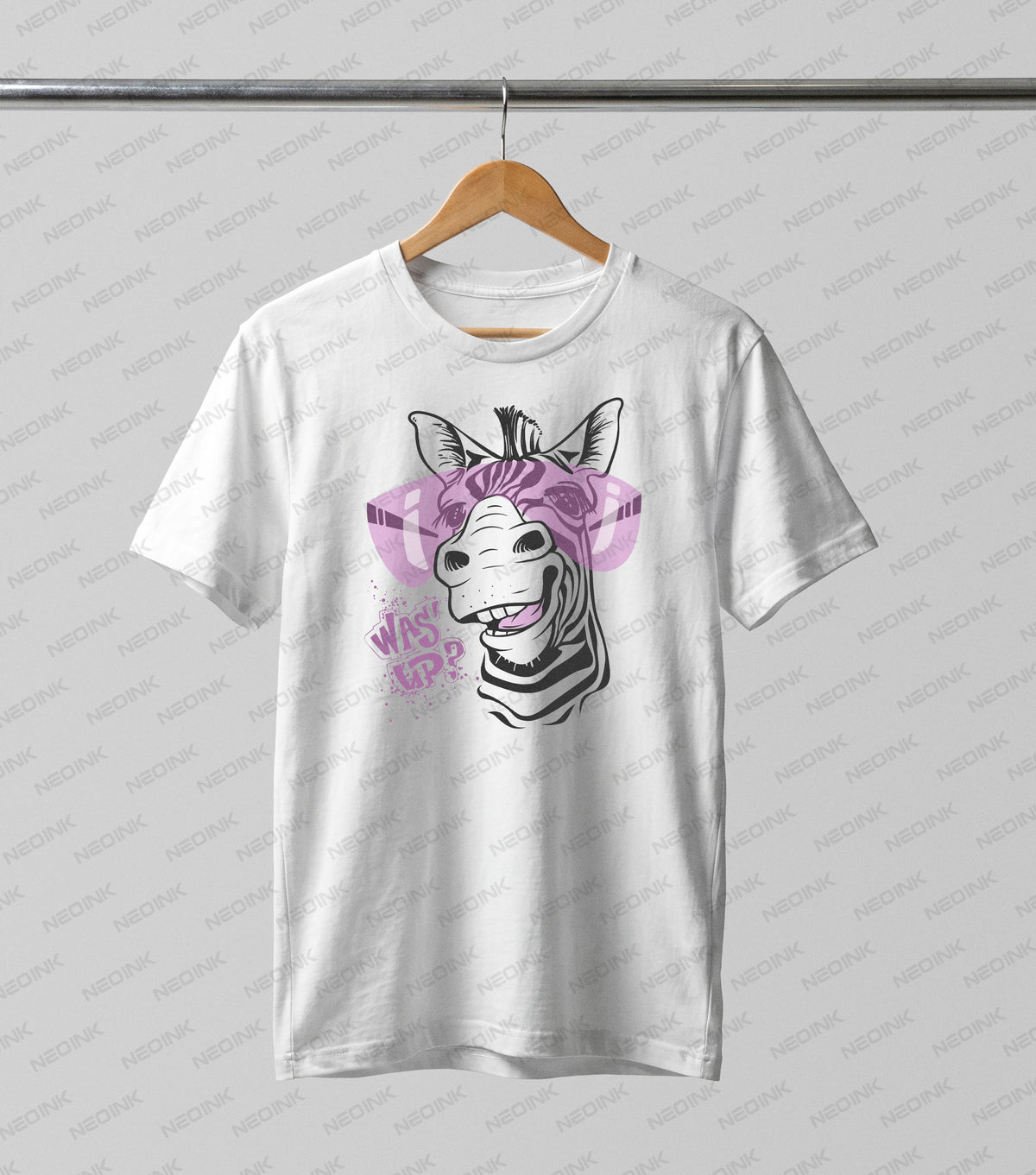 Cheerful zebra wearing oversized pink sunglasses with fun summer text, perfectly set up as vibrant DTF transfers ready to print on light colored apparel.