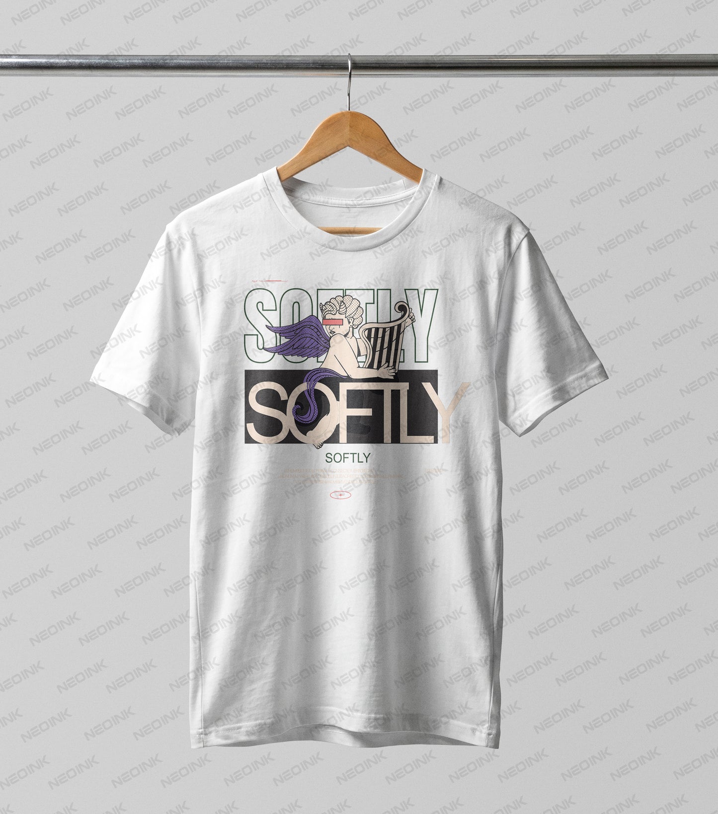 Vaporwave aesthetic angel playing a harp with purple wings and a censor bar, perfectly set up as ready to print DTF transfers for internet culture shirts.