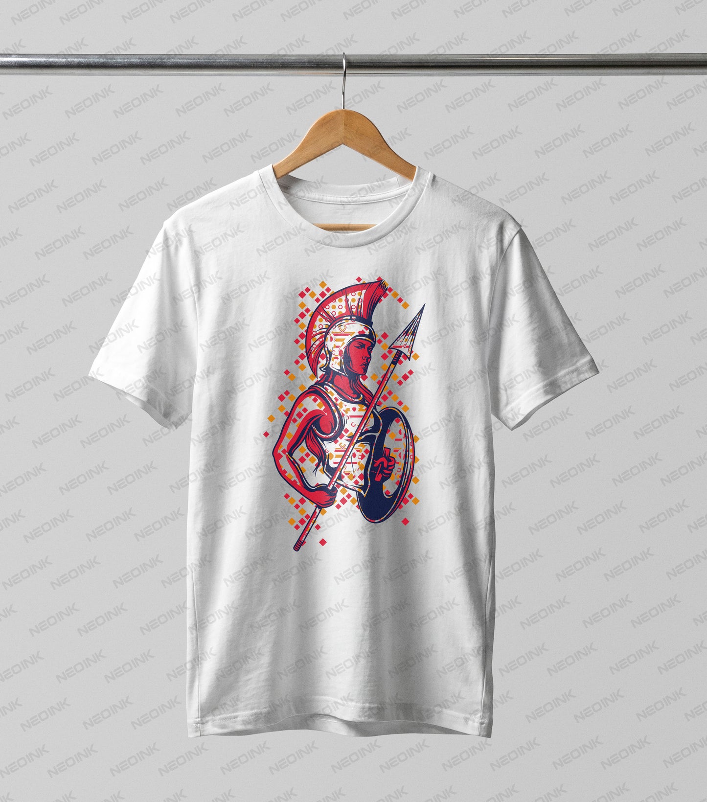 Fierce female Spartan warrior with a spear and pixelated background, supplied as ready to print DTF transfers to empower your custom apparel.