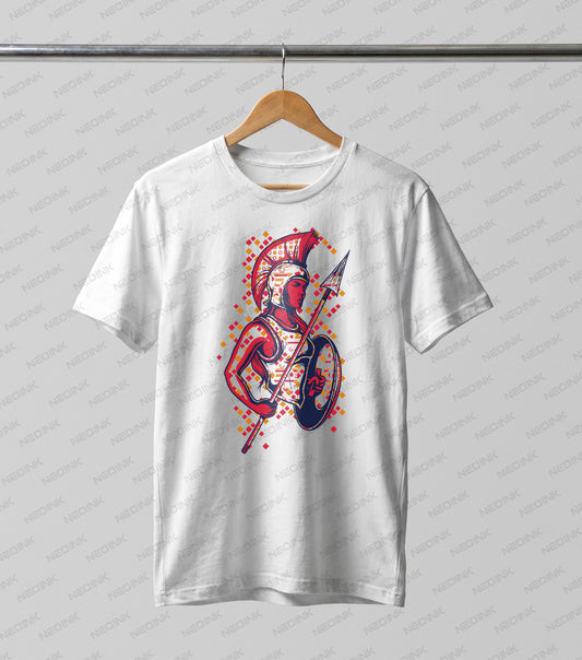 Fierce female Spartan warrior with a spear and pixelated background, supplied as ready to print DTF transfers to empower your custom apparel.