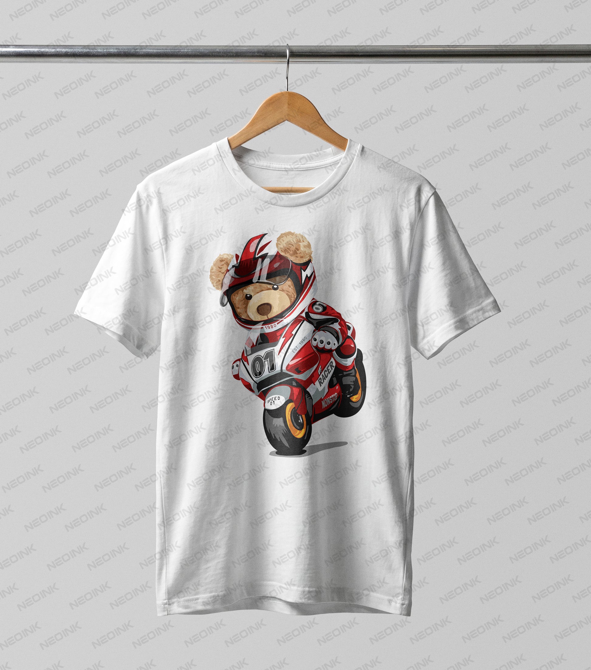 Adrenaline-fueled teddy bear popping a wheelie on a red sport motorcycle, available as highly detailed DTF transfers ready to print for biker gear.
