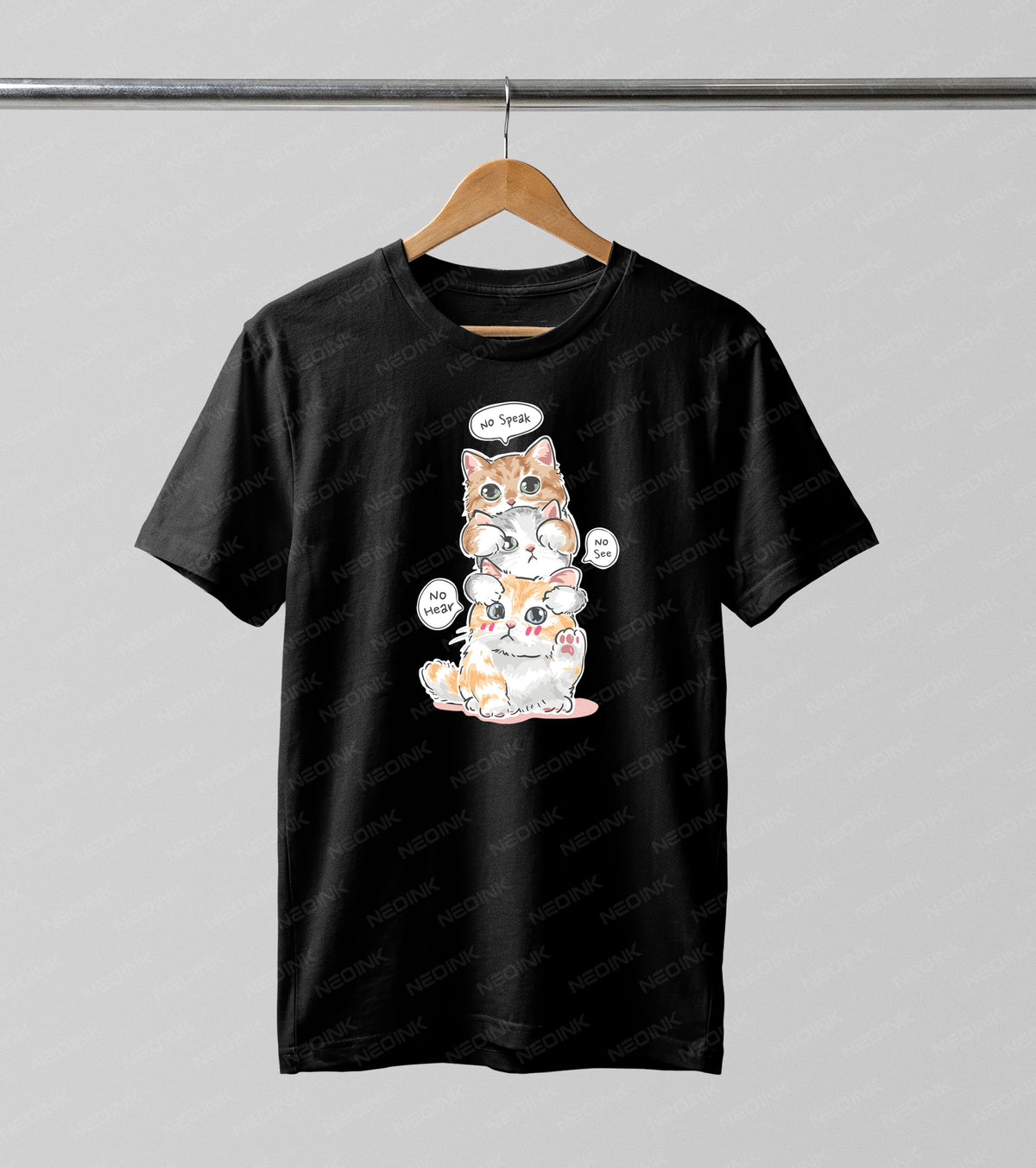 Adorable stacked kittens mimicking the hear no evil, see no evil, speak no evil poses, provided as premium DTF transfers ready to print on dark shirts.
