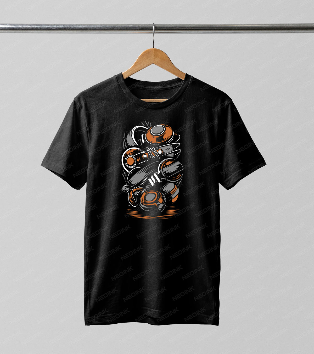 Artistic and chaotic stack of orange and grey headphones, making these detailed DTF transfers ready to print instantly for modern DJ fashion.