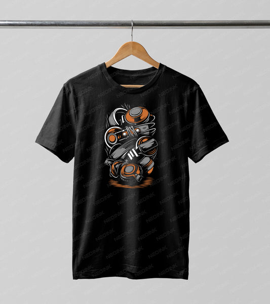 Artistic and chaotic stack of orange and grey headphones, making these detailed DTF transfers ready to print instantly for modern DJ fashion.