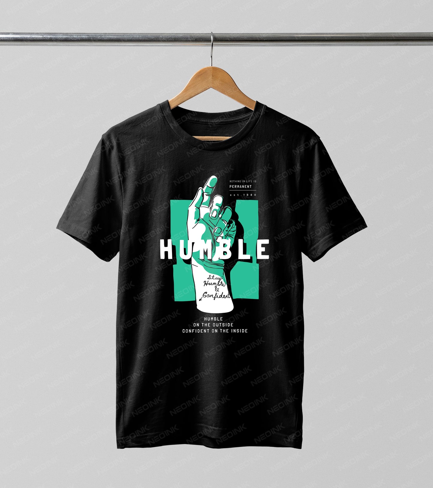 Teal and white streetwear graphic with a reaching hand and "Humble" text, beautifully detailed on DTF transfers ready to print for inspiring apparel.